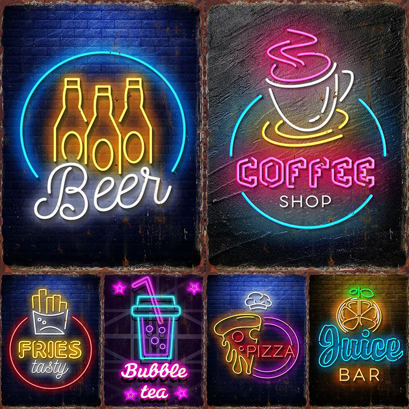 Wine Beer Food - Neon Beer Metal Tin Label Food